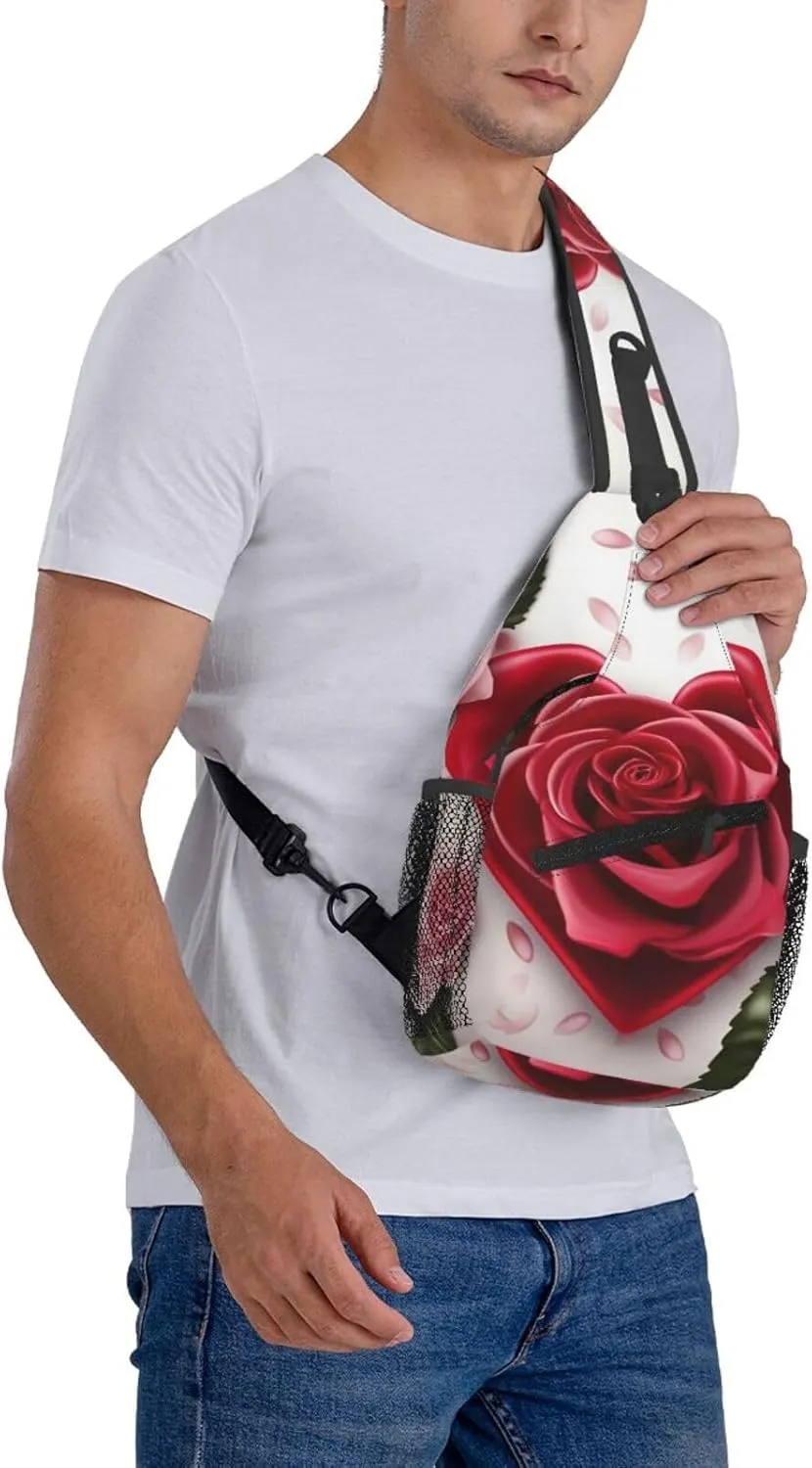 Cross Chest Bag Sling Backpack Romance Rose Flower with Heart Petal Sling Bag Crossbody Shoulder Bag Travel Hiking Daypack