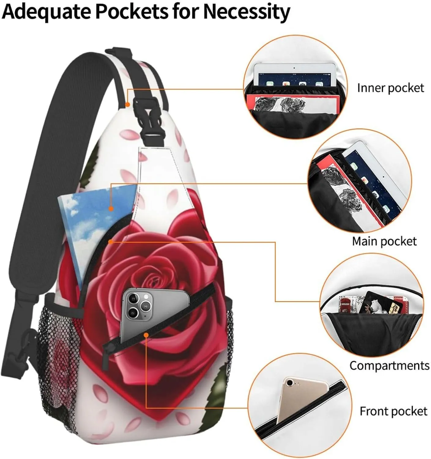 Cross Chest Bag Sling Backpack Romance Rose Flower with Heart Petal Sling Bag Crossbody Shoulder Bag Travel Hiking Daypack