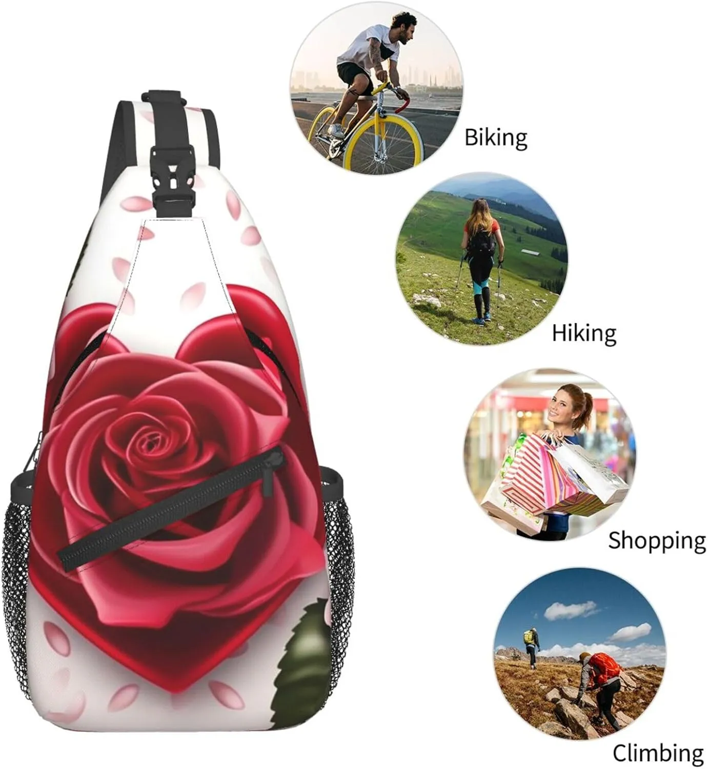 Cross Chest Bag Sling Backpack Romance Rose Flower with Heart Petal Sling Bag Crossbody Shoulder Bag Travel Hiking Daypack