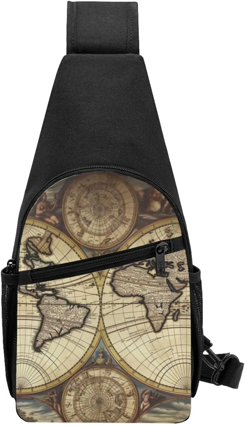 Crossbody Sling Backpack Sling Bag for Men Women Cross Chest Bag Shoulder Bag Ancient Map World Globe Travel Hiking Daypack