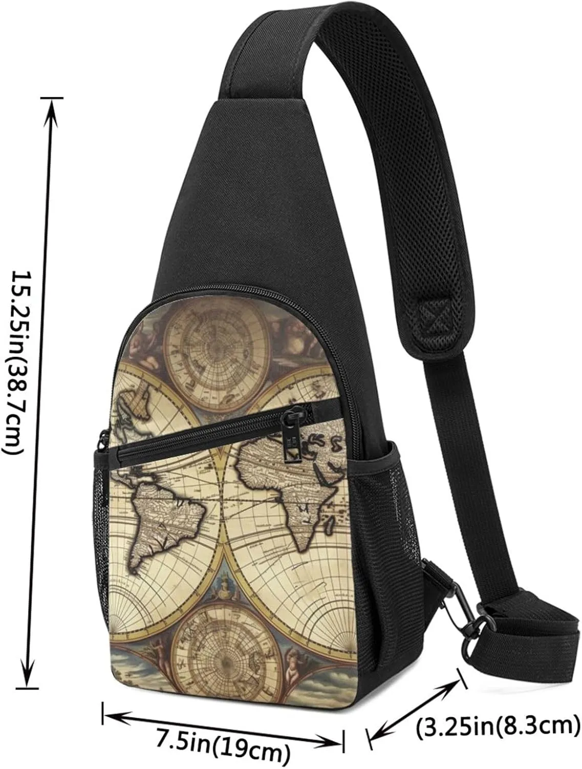 Crossbody Sling Backpack Sling Bag for Men Women Cross Chest Bag Shoulder Bag Ancient Map World Globe Travel Hiking Daypack