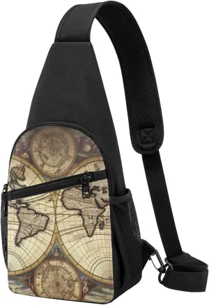 Crossbody Sling Backpack Sling Bag for Men Women Cross Chest Bag Shoulder Bag Ancient Map World Globe Travel Hiking Daypack
