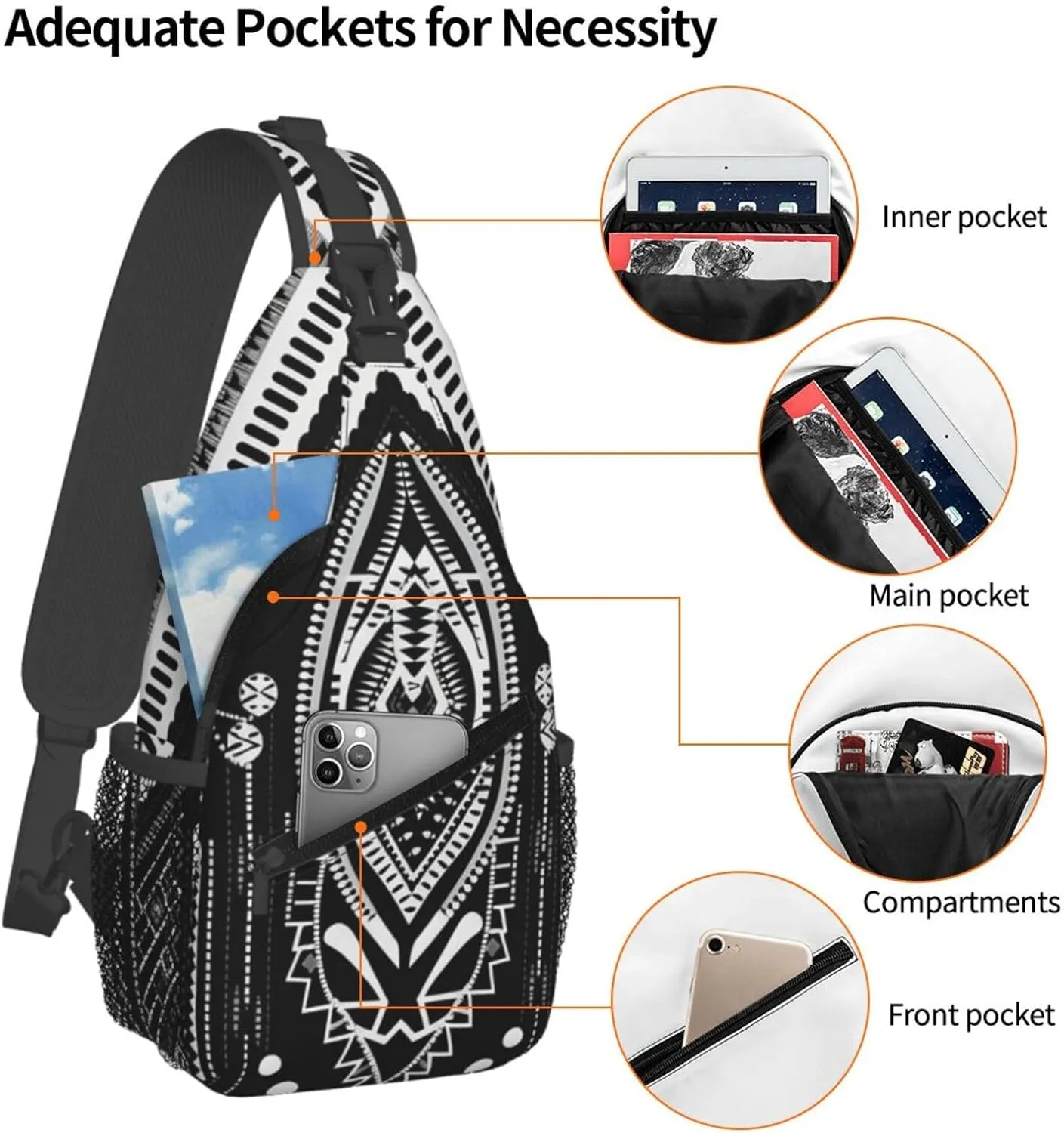Crossbody Sling Backpack Sling Bag For Men Women Cross Chest Bag Shoulder Bag Beads And Tassel Pattern Travel Hiking Daypack