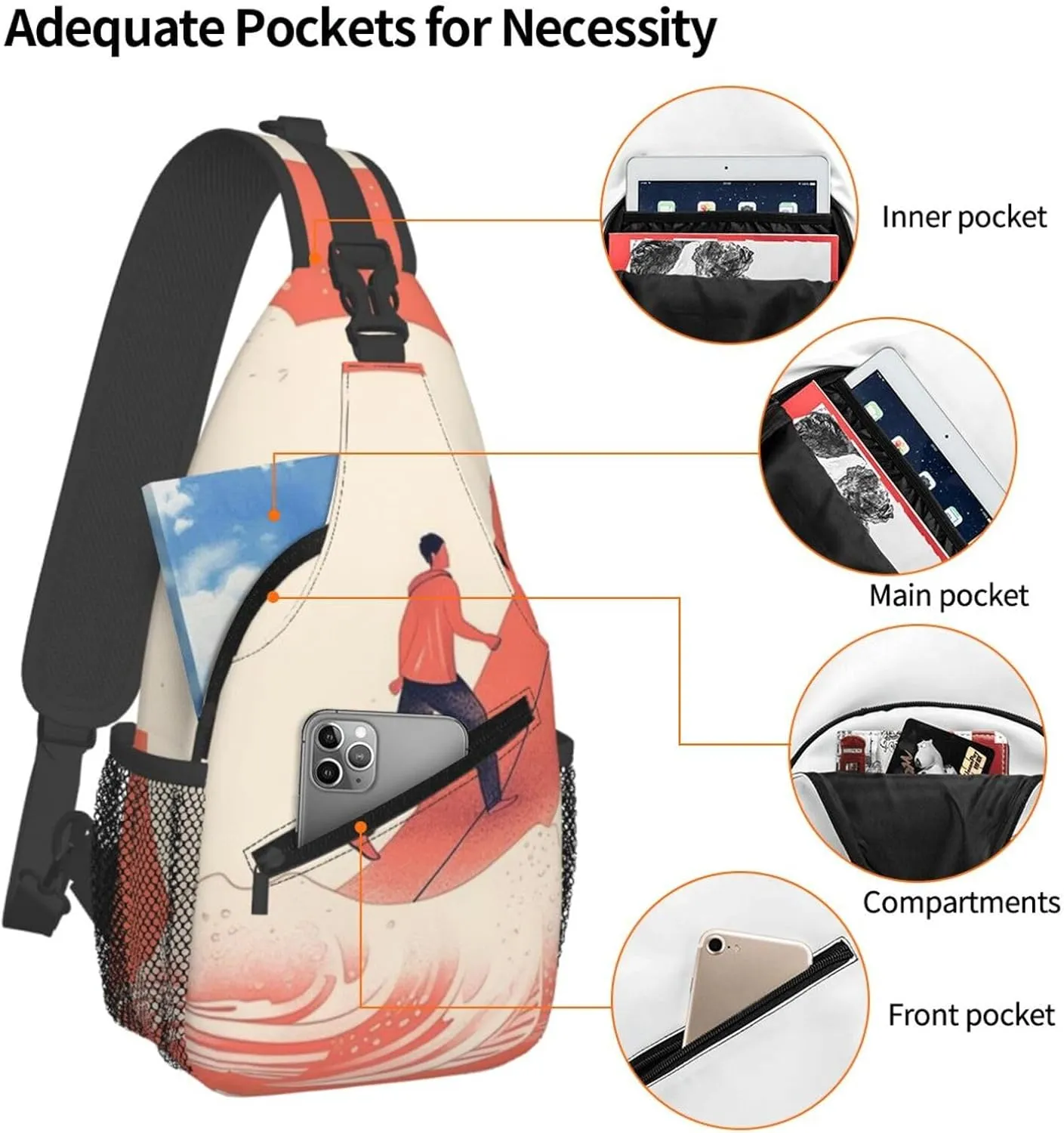 Crossbody Sling Backpack Sling Bag For Men Women Cross Chest Bag Shoulder Bag Cartoon Surfing Travel Hiking Daypack