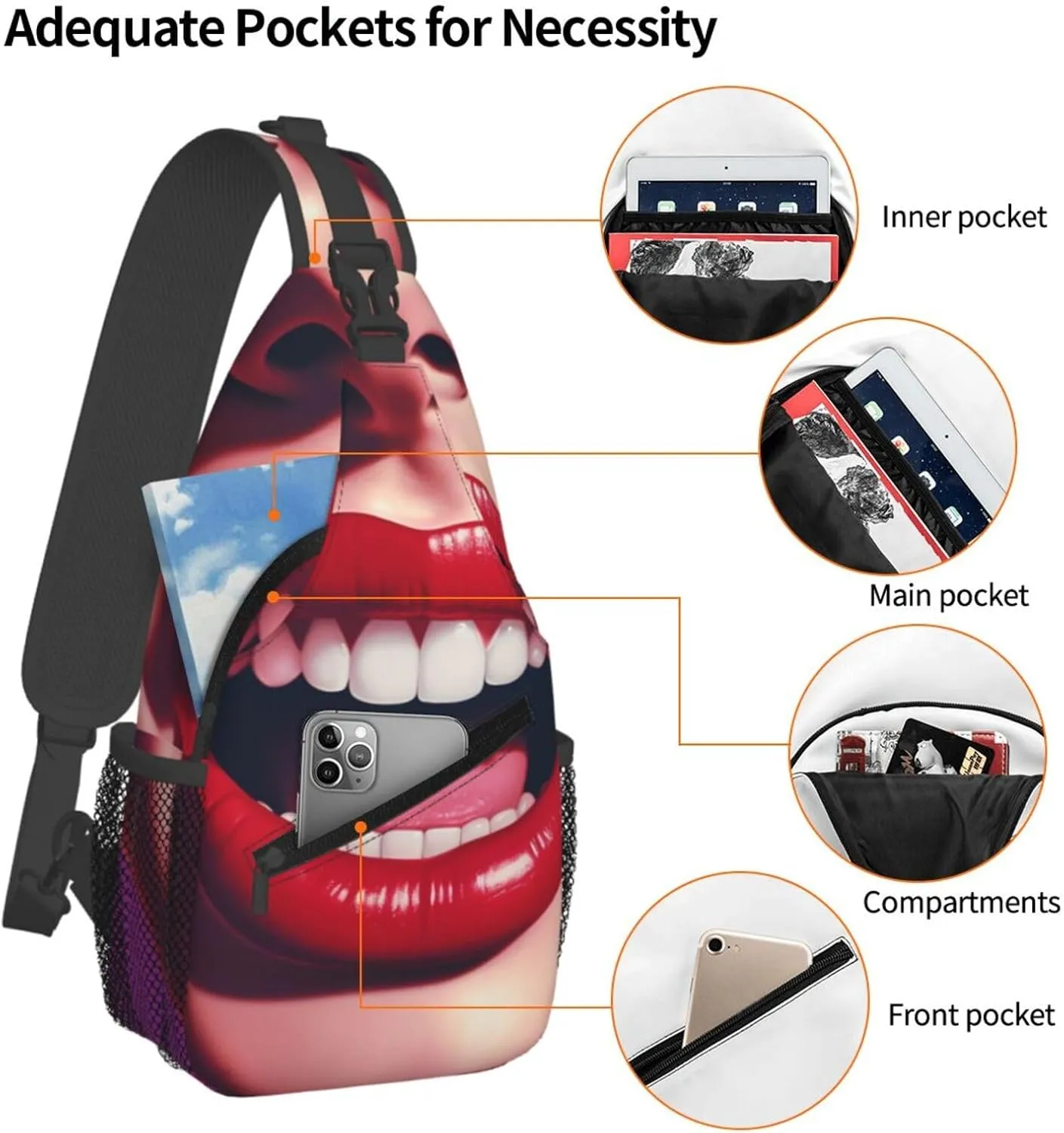 Crossbody Sling Backpack Sling Bag For Men Women Cross Chest Bag Shoulder Bag Comic Mouth Travel Hiking Daypack
