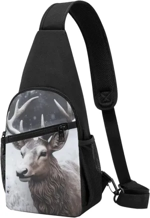 Crossbody Sling Backpack Sling Bag for Men Women Cross Chest Bag Shoulder Bag Deer head in the snow Travel Hiking Daypack