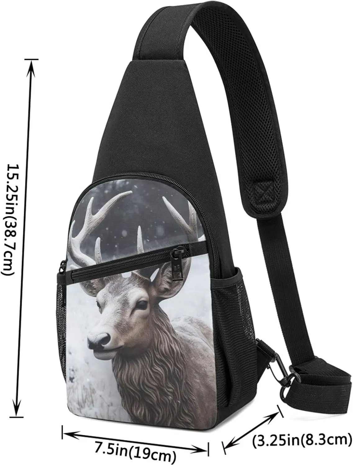 Crossbody Sling Backpack Sling Bag for Men Women Cross Chest Bag Shoulder Bag Deer head in the snow Travel Hiking Daypack