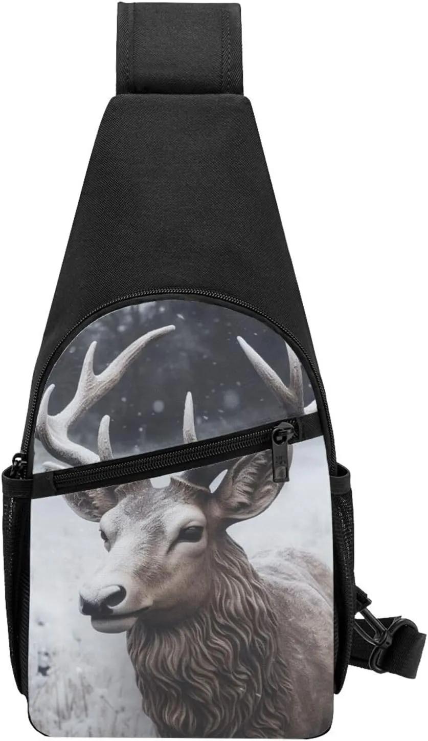 Crossbody Sling Backpack Sling Bag for Men Women Cross Chest Bag Shoulder Bag Deer head in the snow Travel Hiking Daypack