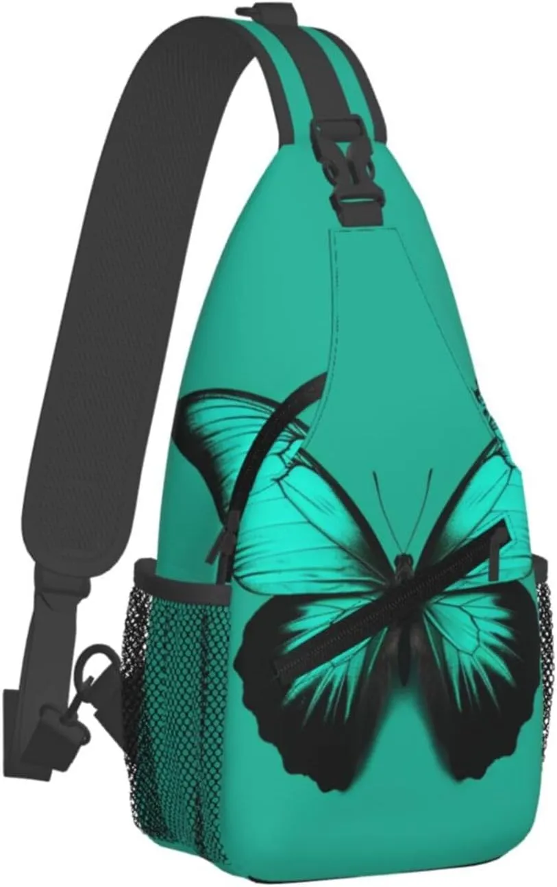 Crossbody Sling Backpack Sling Bag For Men Women Cross Chest Bag Shoulder Bag Green Butterfly Travel Hiking Daypack