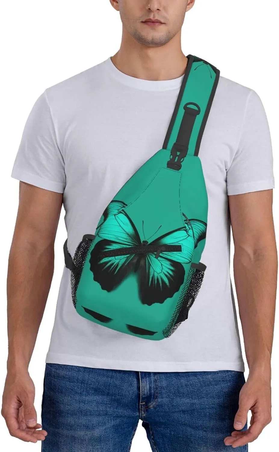Crossbody Sling Backpack Sling Bag For Men Women Cross Chest Bag Shoulder Bag Green Butterfly Travel Hiking Daypack