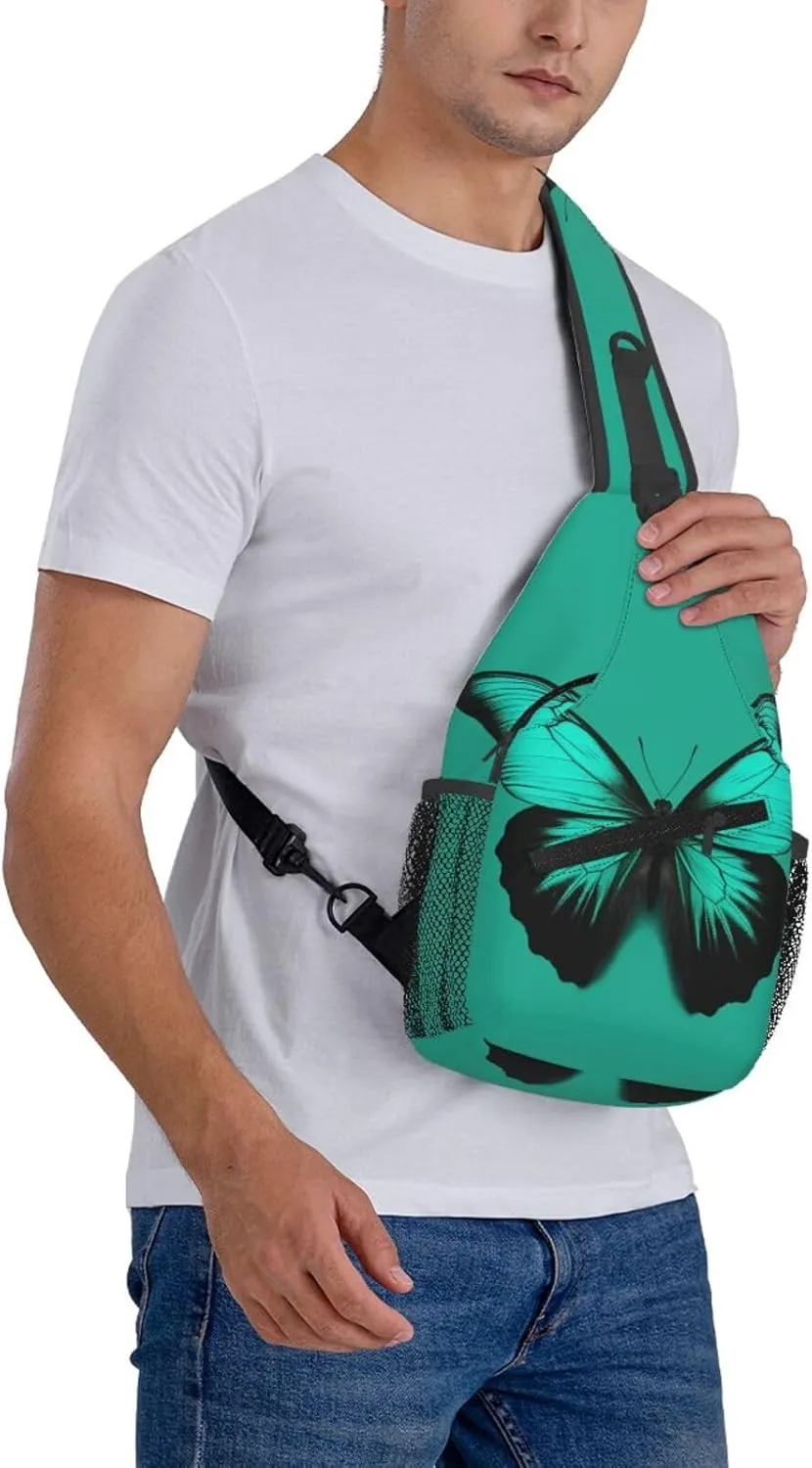 Crossbody Sling Backpack Sling Bag For Men Women Cross Chest Bag Shoulder Bag Green Butterfly Travel Hiking Daypack