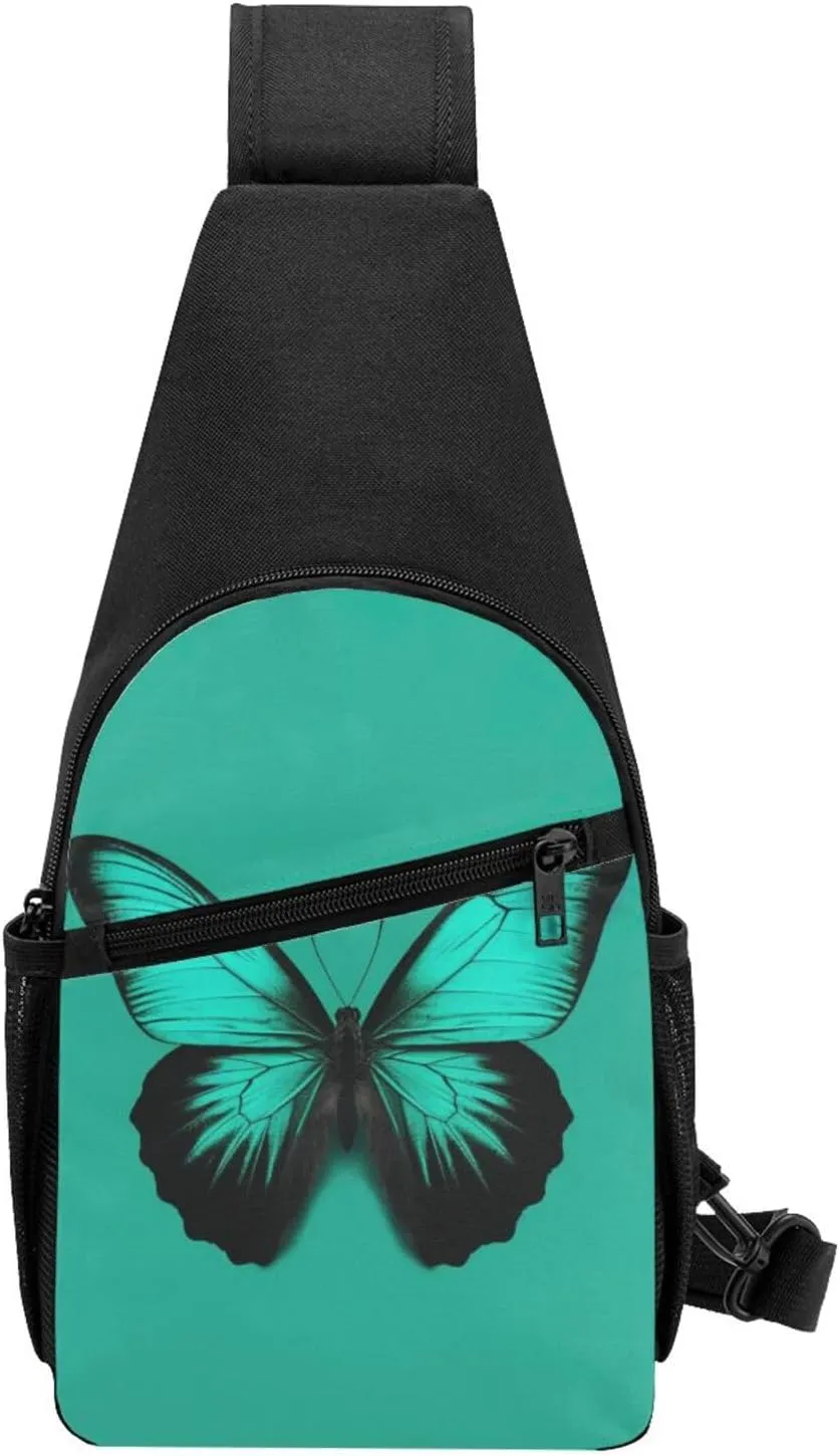 Crossbody Sling Backpack Sling Bag for Men Women Cross Chest Bag Shoulder Bag Green butterfly Travel Hiking Daypack
