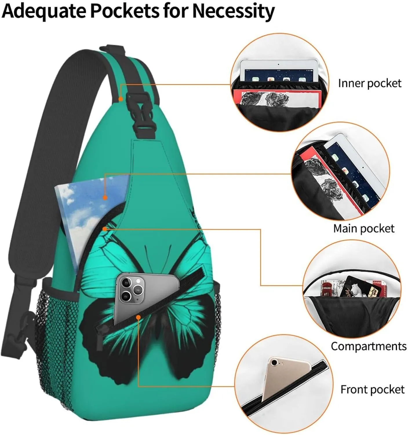 Crossbody Sling Backpack Sling Bag For Men Women Cross Chest Bag Shoulder Bag Green Butterfly Travel Hiking Daypack