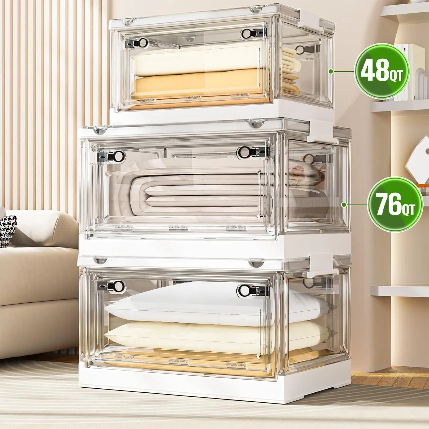CTSNSLH 144QT Clear View Storage Bins with Lids, Stackable Storage Bins with Doors and Wheels, Storage Box, Large Closet Organizers for Home, Dorm