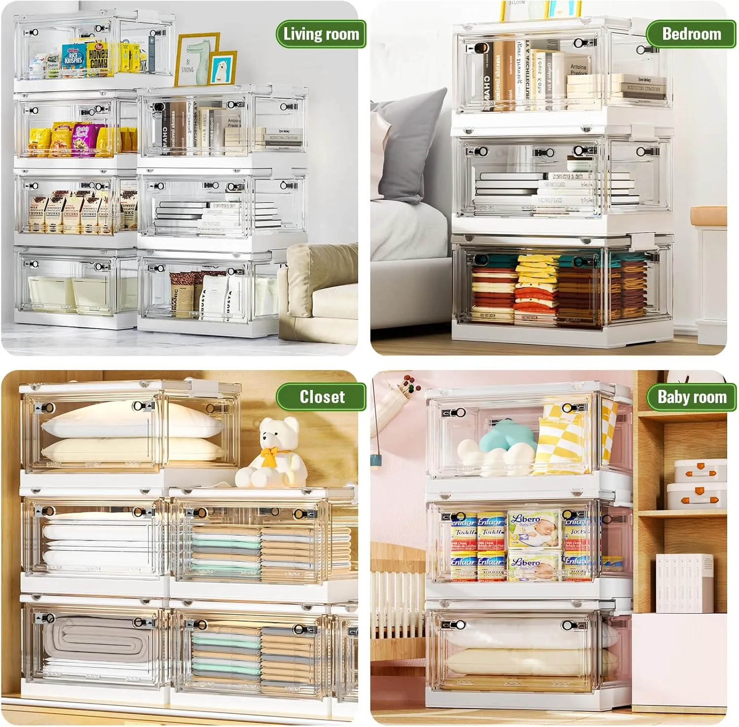 CTSNSLH 144QT Clear View Storage Bins with Lids, Stackable Storage Bins with Doors and Wheels, Storage Box, Large Closet Organizers for Home, Dorm