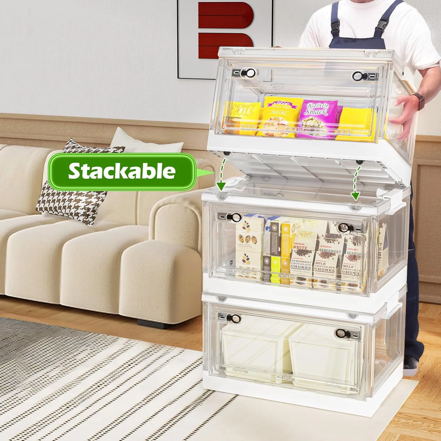 CTSNSLH 144QT Clear View Storage Bins with Lids, Stackable Storage Bins with Doors and Wheels, Storage Box, Large Closet Organizers for Home, Dorm