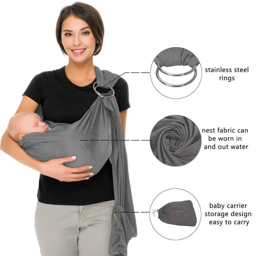CUBY Water Baby Sling Carrier Lightweight Breathable Mesh Baby Ring Slings, Adjustable Quick-Drying Ring Sling Baby Carrier for Newborn Kids Toddlers Summer Swimming Pool Beach(Light Gray)