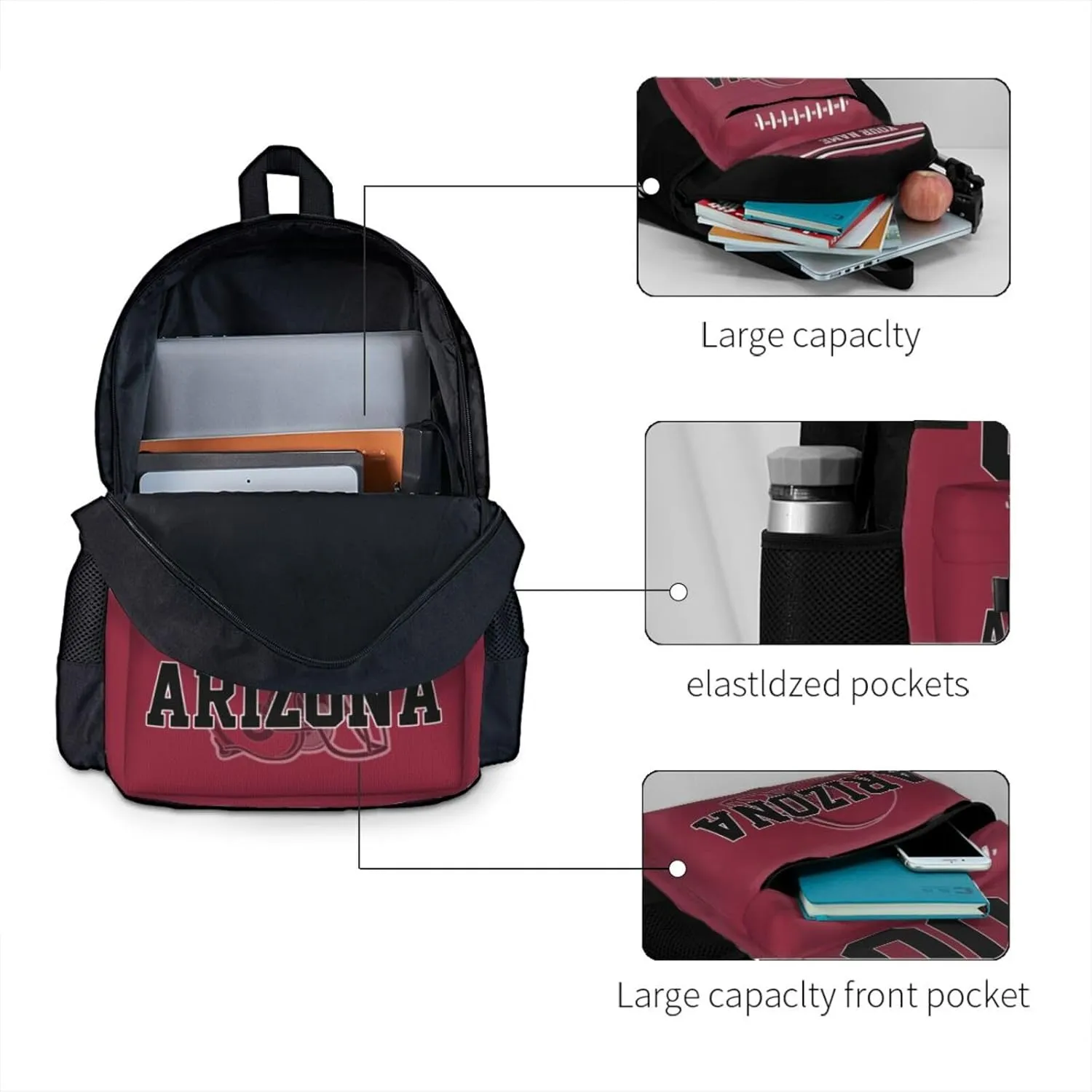 Custom Arizona Backpack for Men Women, Personalized Backpacks with Name and Number, Customize Casual Backpack Gifts for Fans