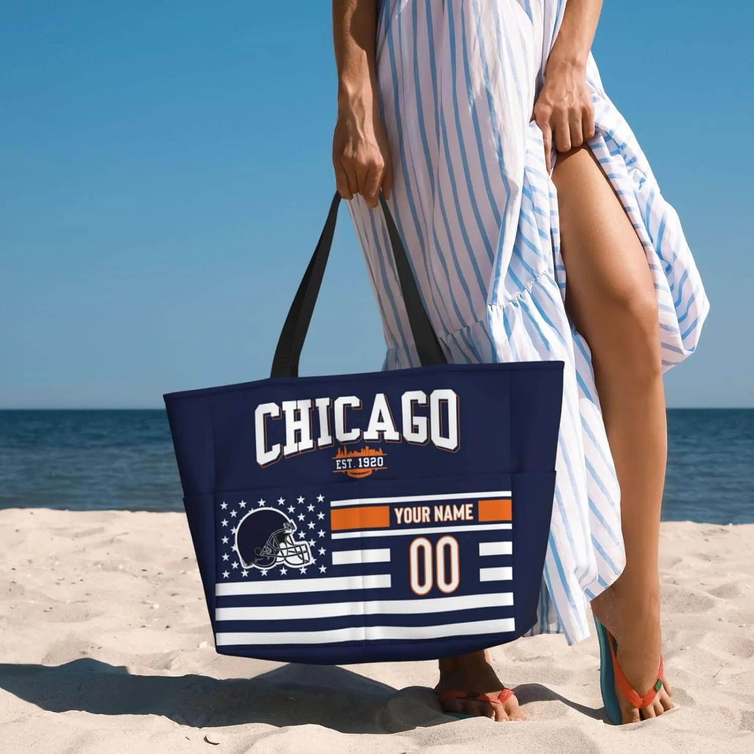 Custom Beach Bag Custom Football Style Large Beach Tote Bag Personalized Add Your Name and Number Shoulder Bag