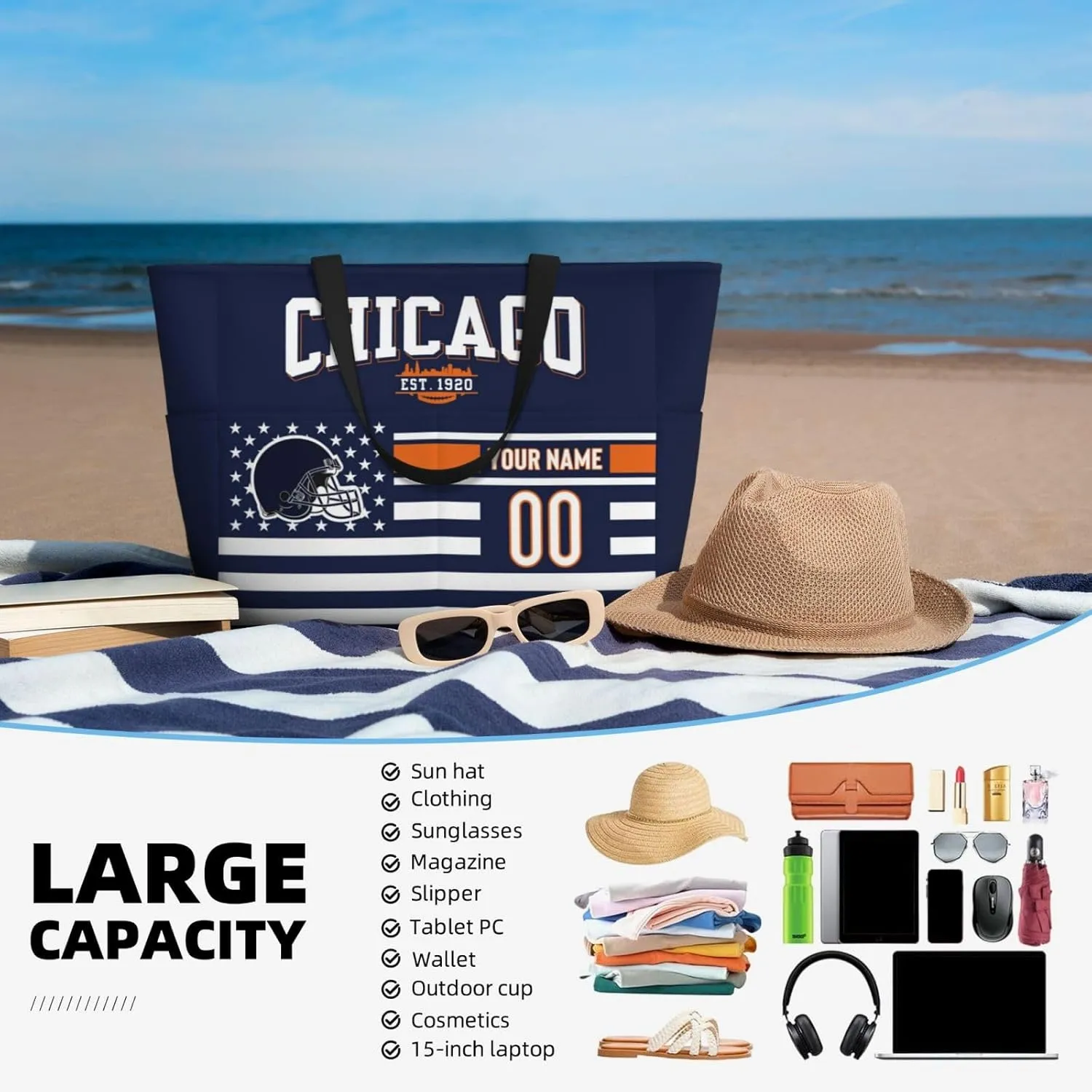 Custom Beach Bag Custom Football Style Large Beach Tote Bag Personalized Add Your Name and Number Shoulder Bag