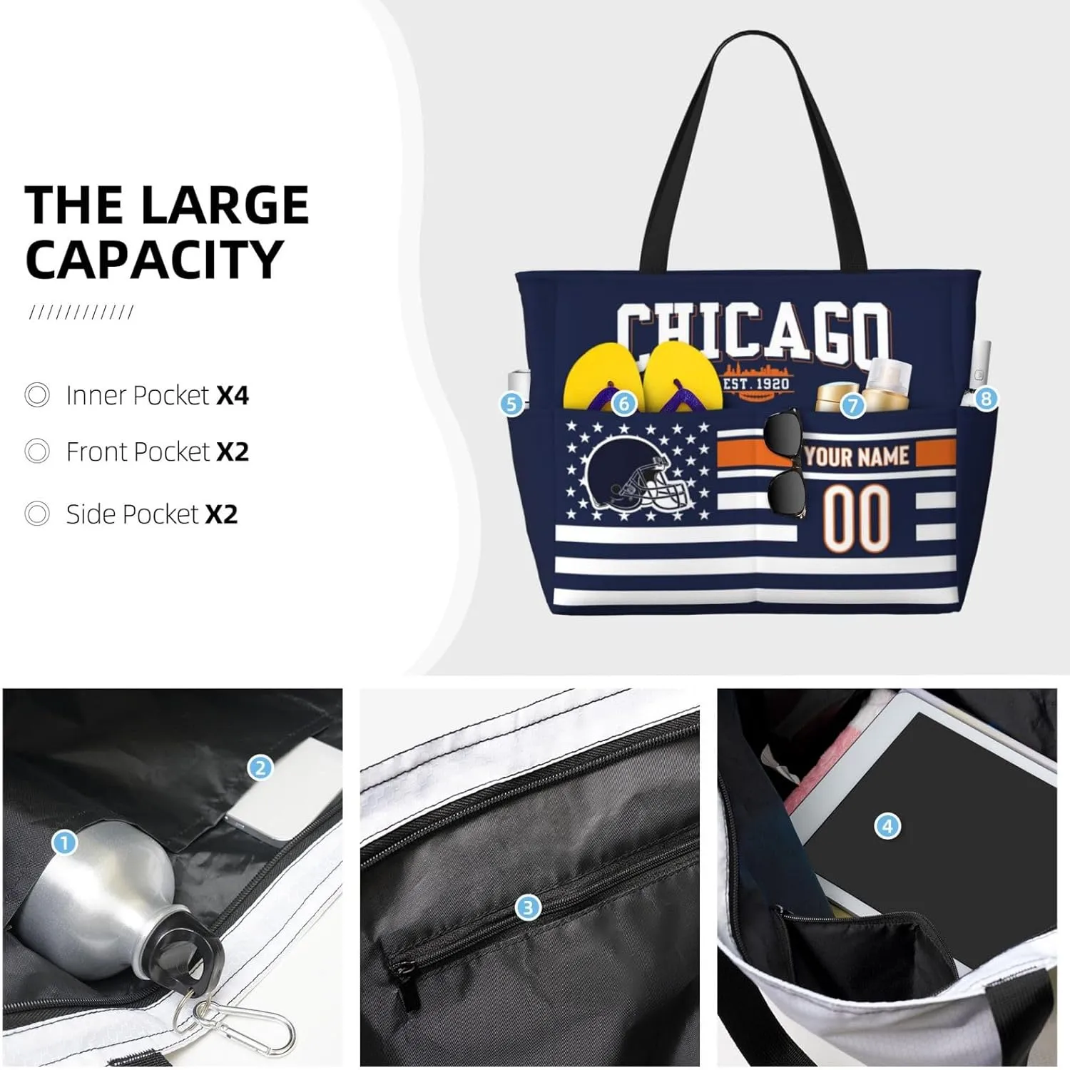 Custom Beach Bag Custom Football Style Large Beach Tote Bag Personalized Add Your Name and Number Shoulder Bag