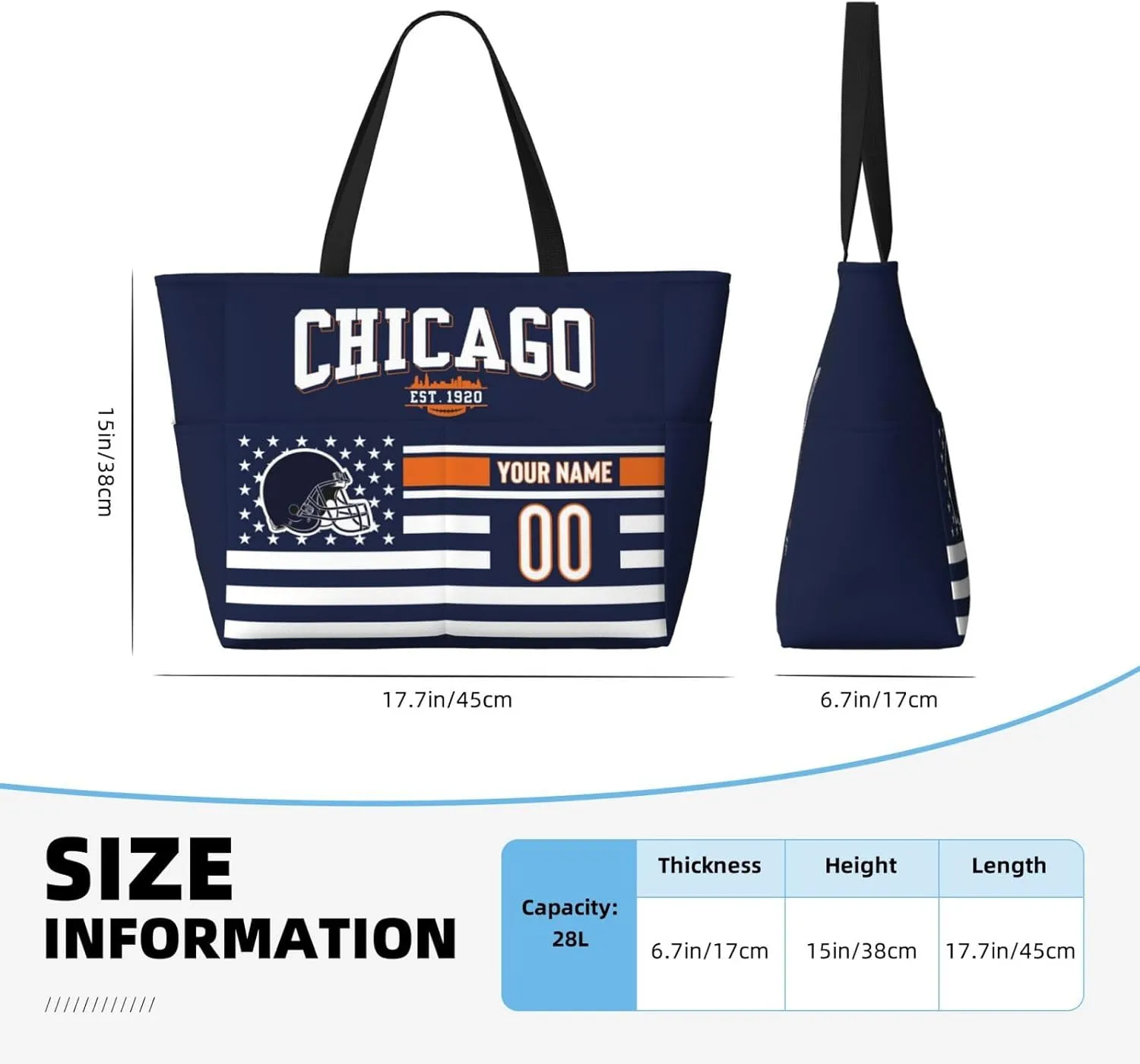 Custom Beach Bag Custom Football Style Large Beach Tote Bag Personalized Add Your Name and Number Shoulder Bag
