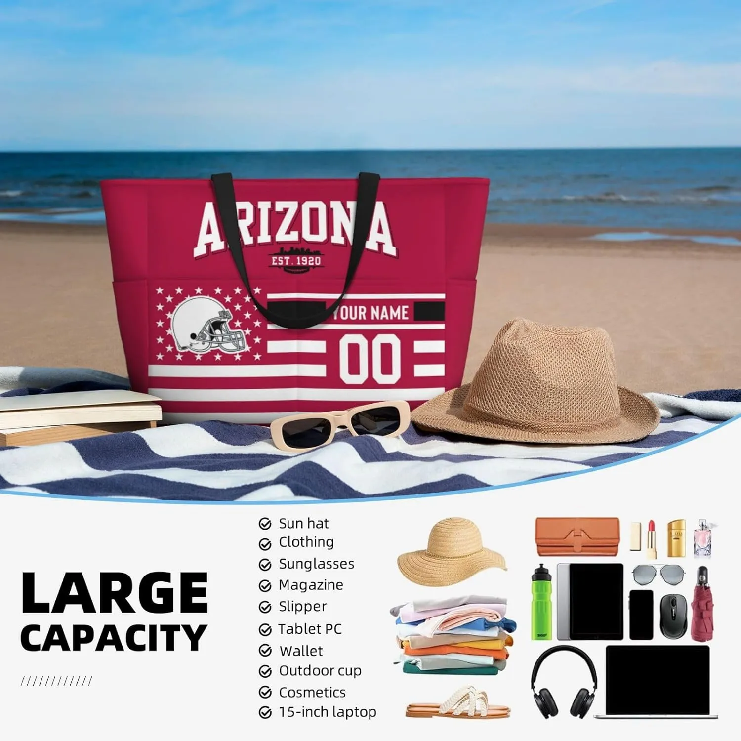 Custom Beach Bag Custom Football Style Large Beach Tote Bag Personalized Add Your Name and Number Shoulder Bag