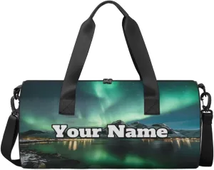 Custom Gym Bag for Women Men with Name, Personalized Aurora Borealis Duffel Bag for Sports, Waterproof Dance Bag, Lightweight Carryon Gym Bag, Green Aurora