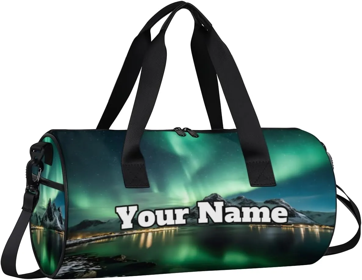 Custom Gym Bag for Women Men with Name, Personalized Aurora Borealis Duffel Bag for Sports, Waterproof Dance Bag, Lightweight Carryon Gym Bag, Green Aurora