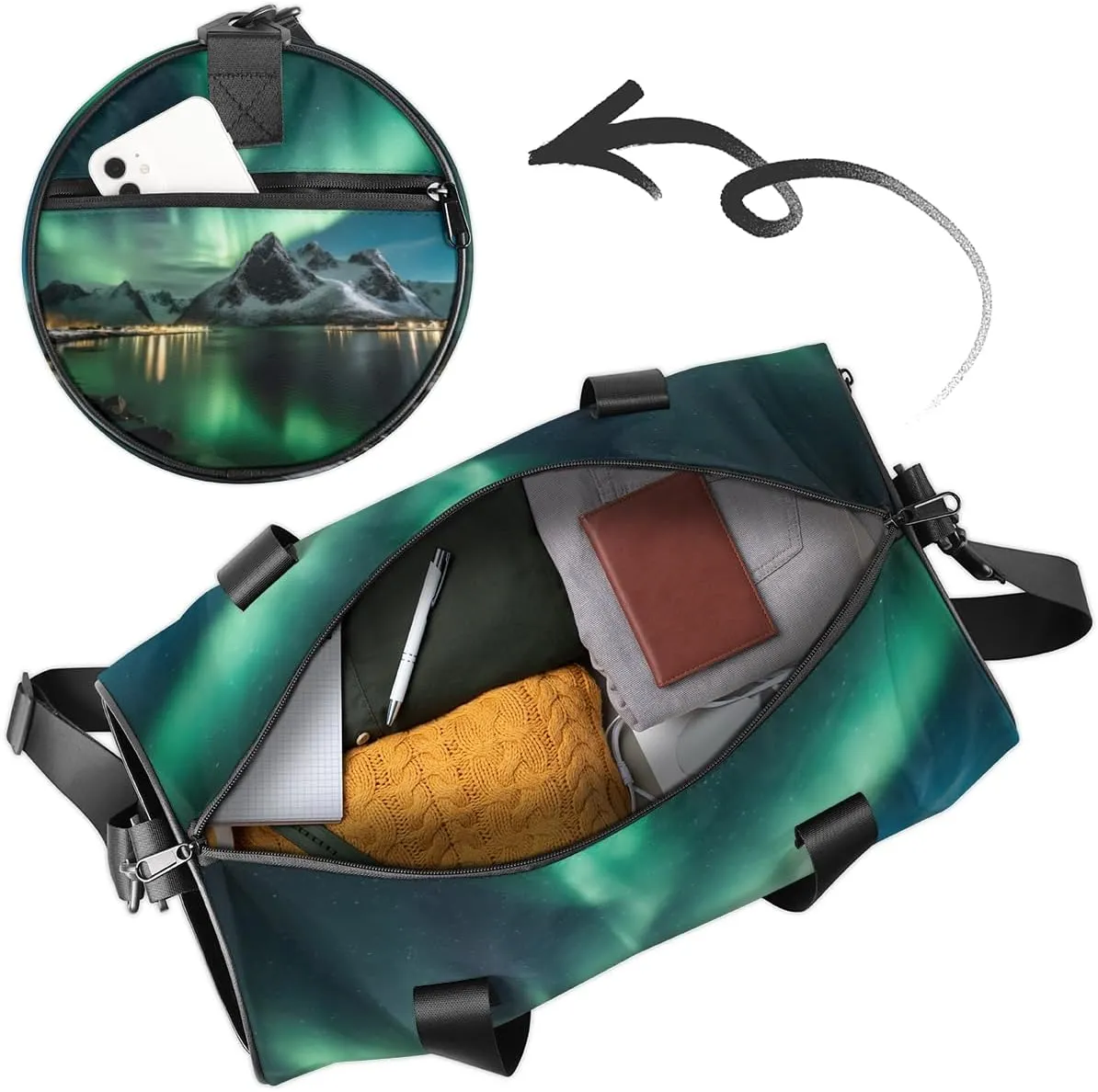 Custom Gym Bag for Women Men with Name, Personalized Aurora Borealis Duffel Bag for Sports, Waterproof Dance Bag, Lightweight Carryon Gym Bag, Green Aurora
