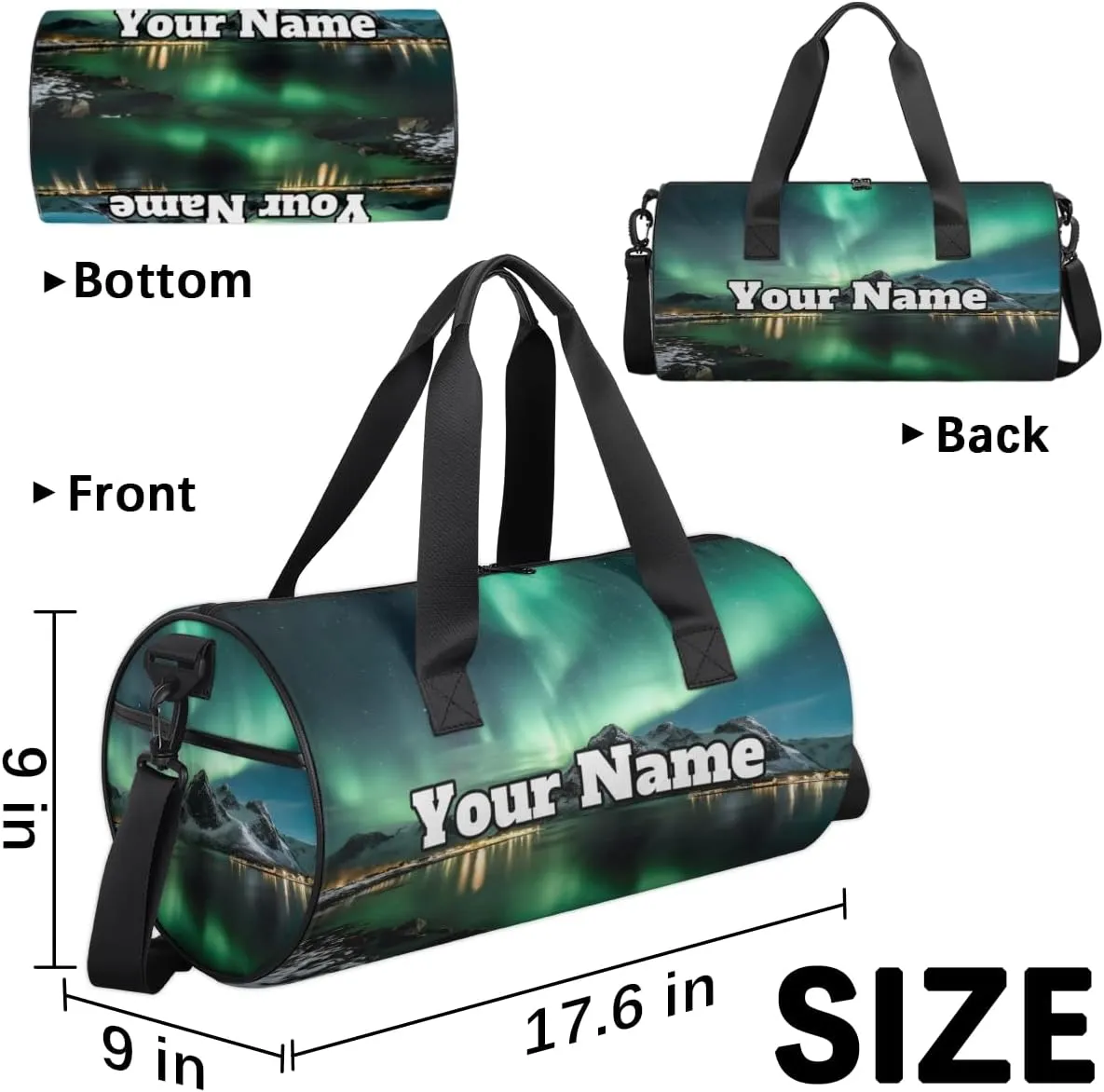 Custom Gym Bag for Women Men with Name, Personalized Aurora Borealis Duffel Bag for Sports, Waterproof Dance Bag, Lightweight Carryon Gym Bag, Green Aurora