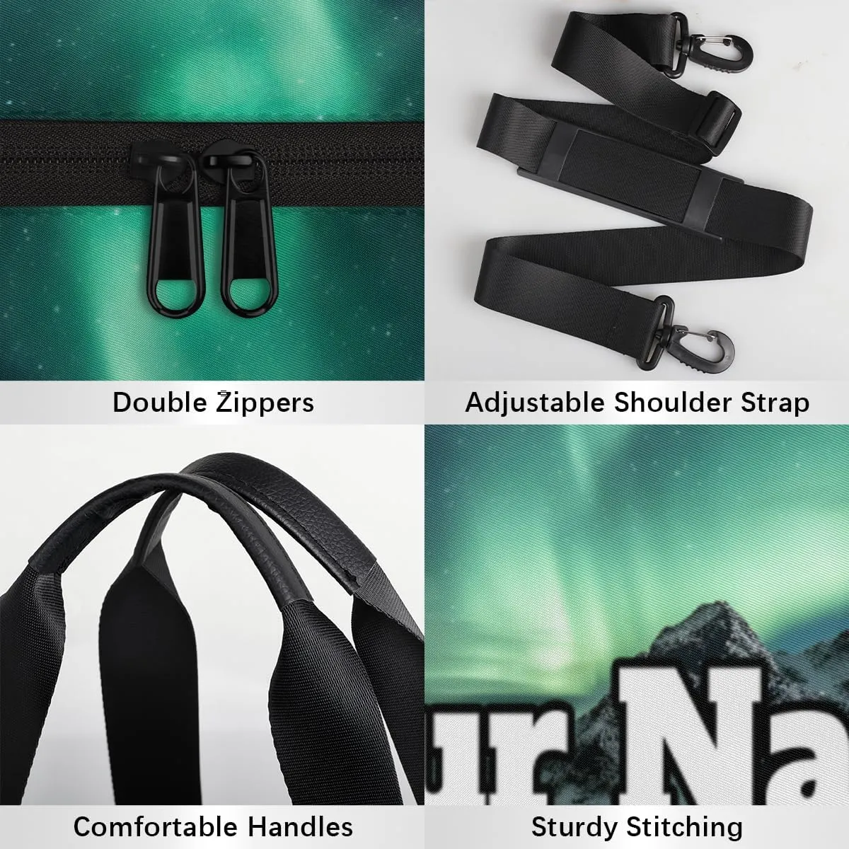 Custom Gym Bag for Women Men with Name, Personalized Aurora Borealis Duffel Bag for Sports, Waterproof Dance Bag, Lightweight Carryon Gym Bag, Green Aurora