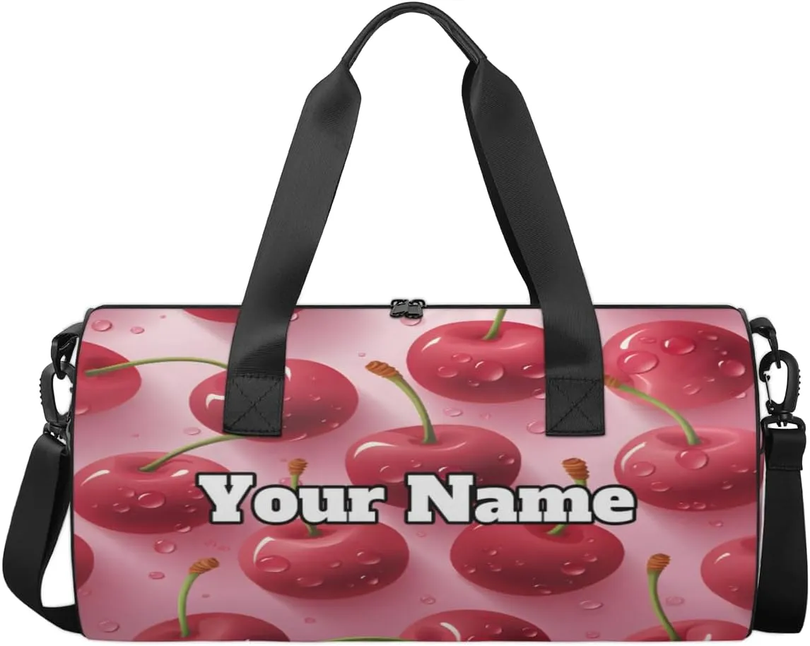 Custom Gym Bag for Women Men with Name, Personalized Cherries Duffel Bag for Sports, Waterproof Dance Bag, Lightweight Carryon Gym Bag, Fruits
