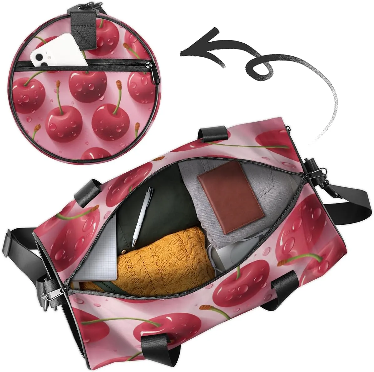 Custom Gym Bag for Women Men with Name, Personalized Cherries Duffel Bag for Sports, Waterproof Dance Bag, Lightweight Carryon Gym Bag, Fruits