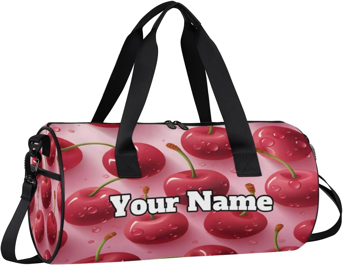 Custom Gym Bag for Women Men with Name, Personalized Cherries Duffel Bag for Sports, Waterproof Dance Bag, Lightweight Carryon Gym Bag, Fruits