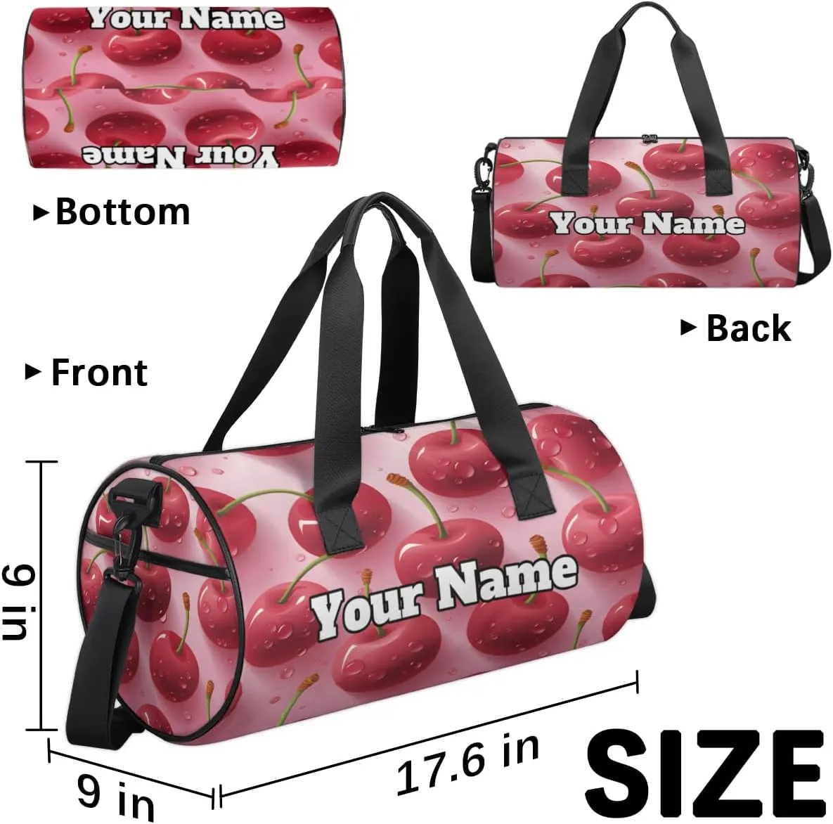 Custom Gym Bag for Women Men with Name, Personalized Cherries Duffel Bag for Sports, Waterproof Dance Bag, Lightweight Carryon Gym Bag, Fruits