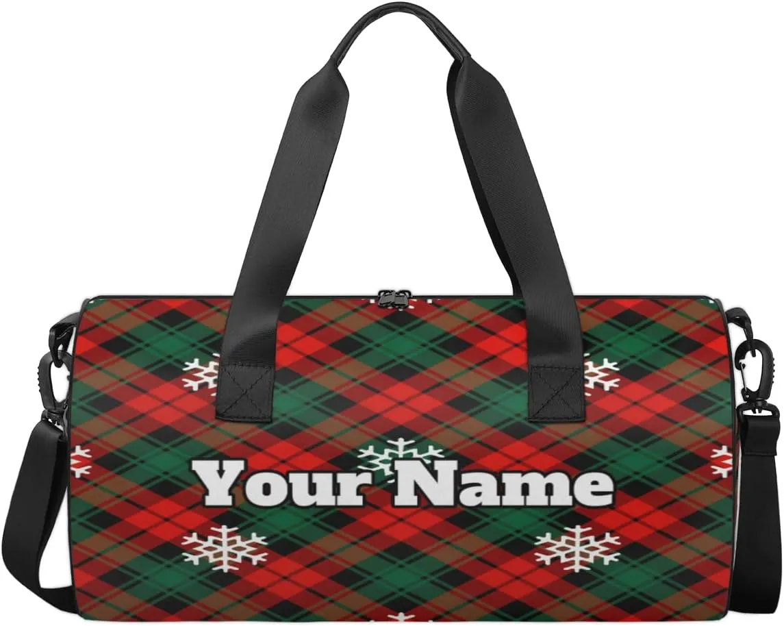 Custom Gym Bag for Women Men with Name, Personalized Christmas Lattice Duffel Bag for Sports, Waterproof Dance Bag, Lightweight Carryon Gym Bag, Snowflake