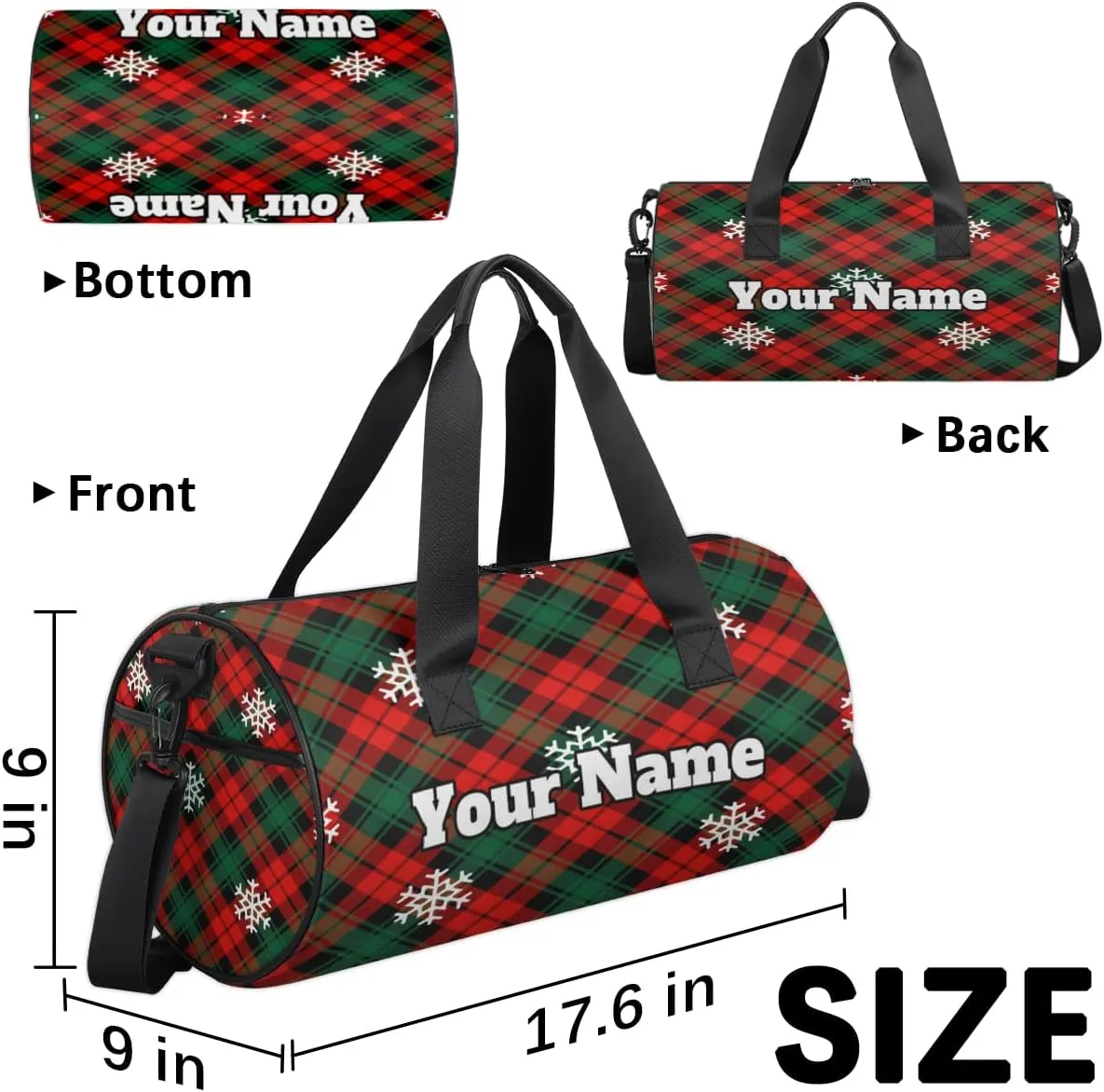Custom Gym Bag for Women Men with Name, Personalized Christmas Lattice Duffel Bag for Sports, Waterproof Dance Bag, Lightweight Carryon Gym Bag, Snowflake