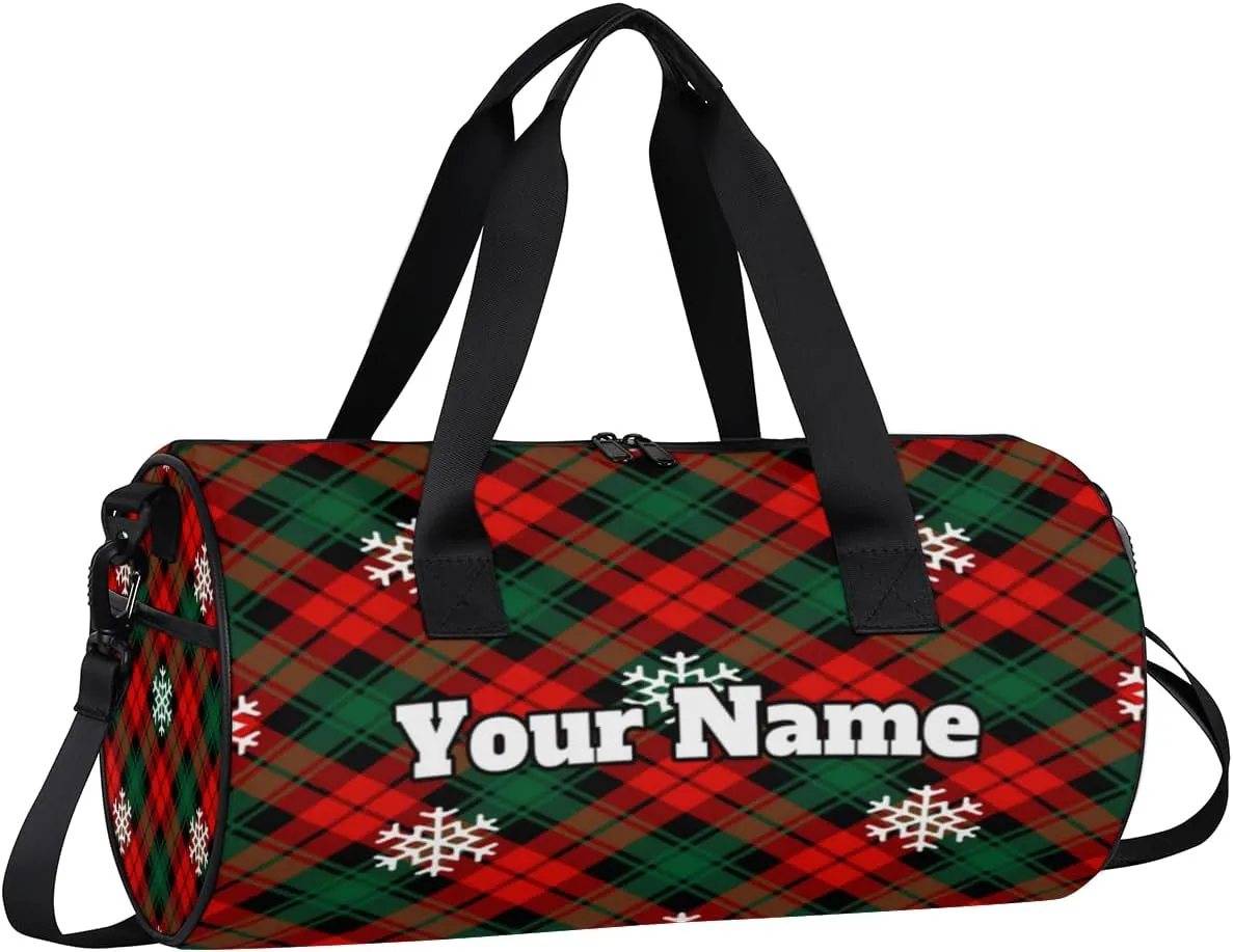 Custom Gym Bag for Women Men with Name, Personalized Christmas Lattice Duffel Bag for Sports, Waterproof Dance Bag, Lightweight Carryon Gym Bag, Snowflake