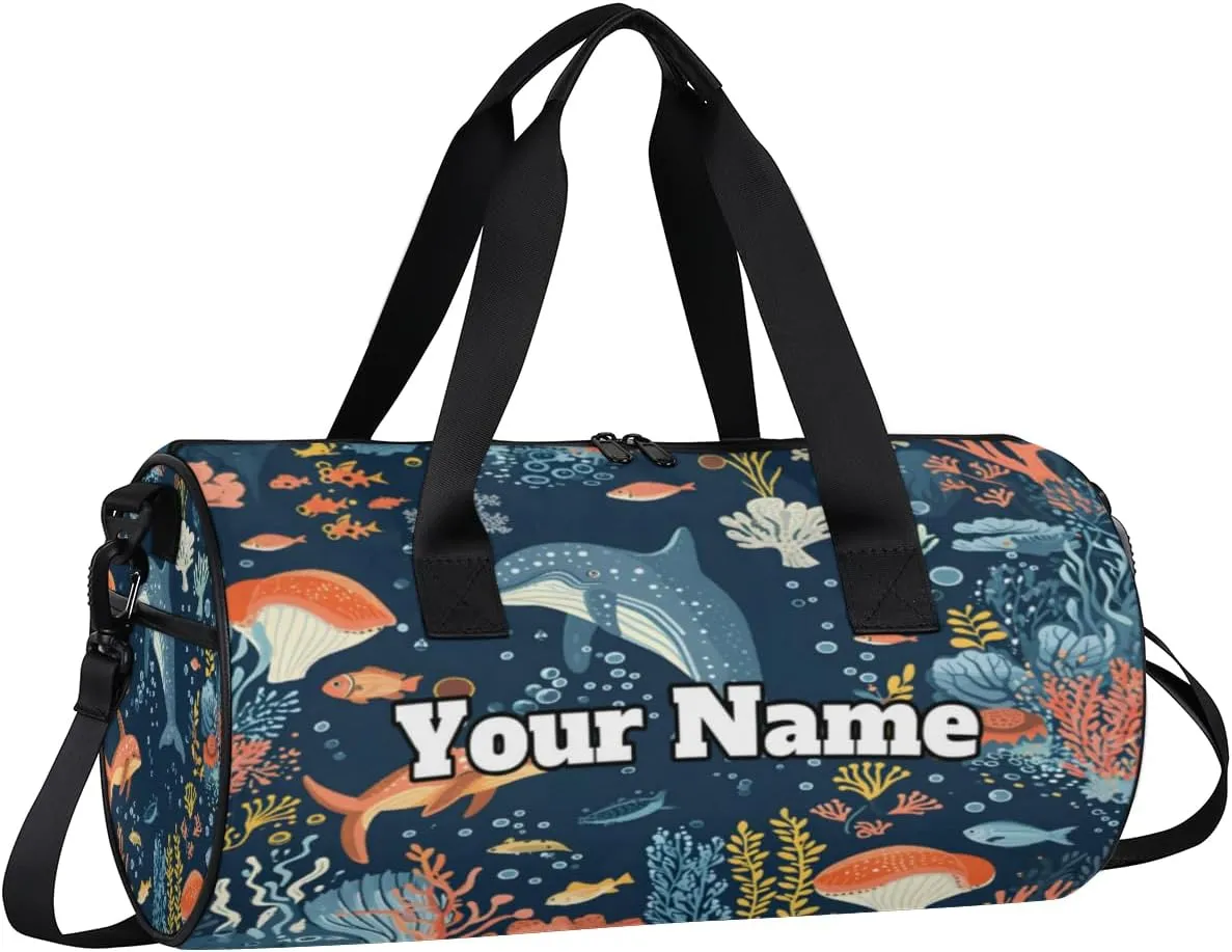 Custom Gym Bag for Women Men with Name, Personalized Coral Whale Duffel Bag for Sports, Waterproof Dance Bag, Lightweight Carryon Gym Bag, Animals