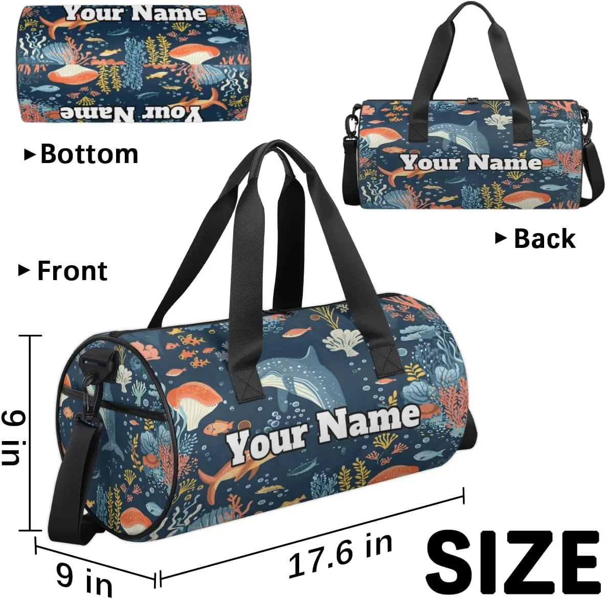 Custom Gym Bag for Women Men with Name, Personalized Coral Whale Duffel Bag for Sports, Waterproof Dance Bag, Lightweight Carryon Gym Bag, Animals