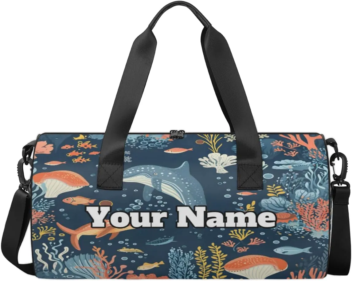 Custom Gym Bag for Women Men with Name, Personalized Coral Whale Duffel Bag for Sports, Waterproof Dance Bag, Lightweight Carryon Gym Bag, Animals
