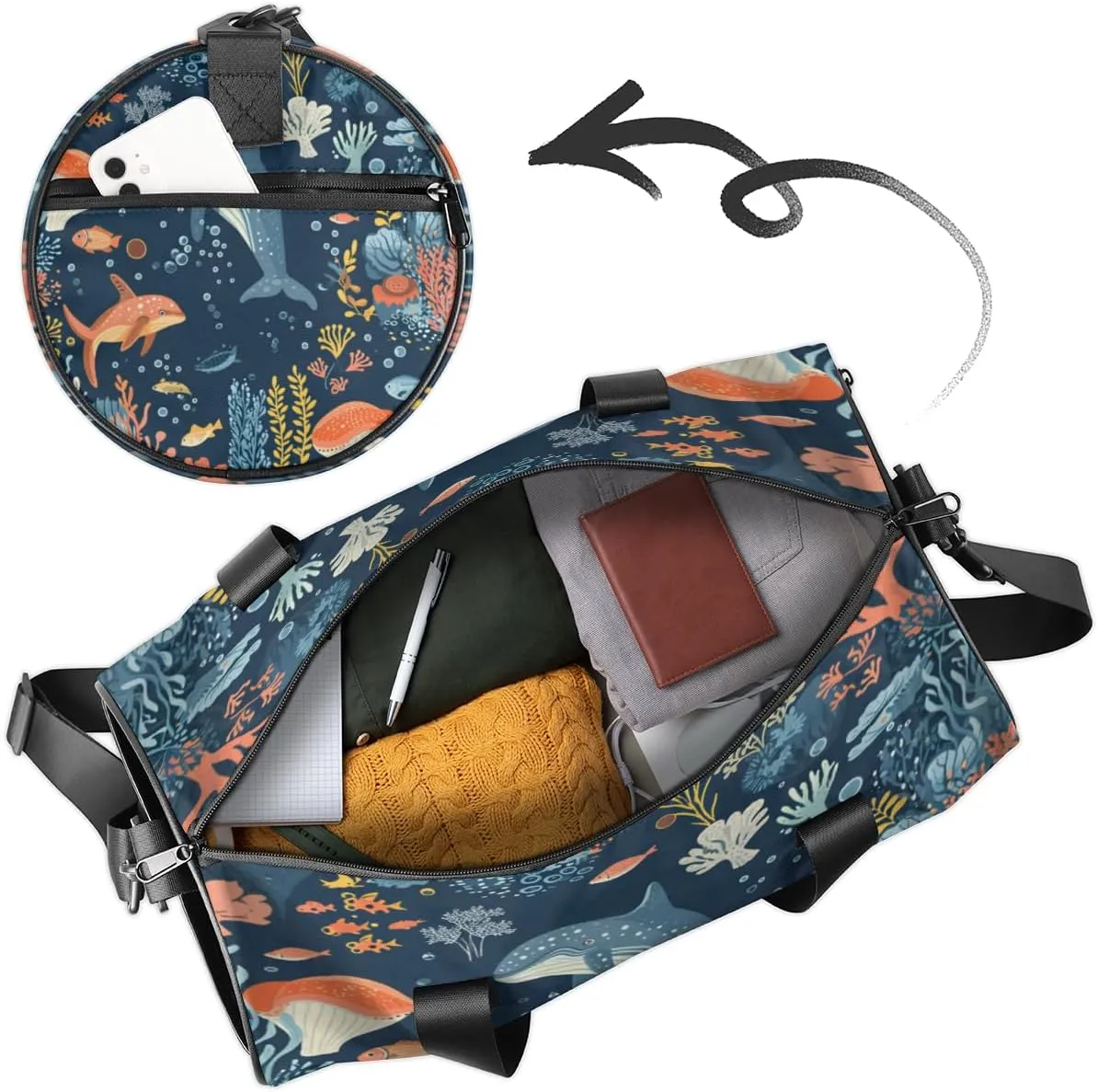 Custom Gym Bag for Women Men with Name, Personalized Coral Whale Duffel Bag for Sports, Waterproof Dance Bag, Lightweight Carryon Gym Bag, Animals