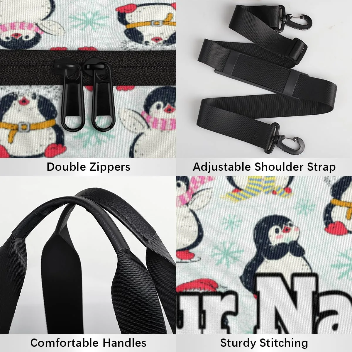 Custom Gym Bag for Women Men with Name, Personalized Cute Penguins Duffel Bag for Sports, Waterproof Dance Bag, Lightweight Carryon Gym Bag, Christmas Penguins