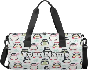 Custom Gym Bag for Women Men with Name, Personalized Cute Penguins Duffel Bag for Sports, Waterproof Dance Bag, Lightweight Carryon Gym Bag, Christmas Penguins
