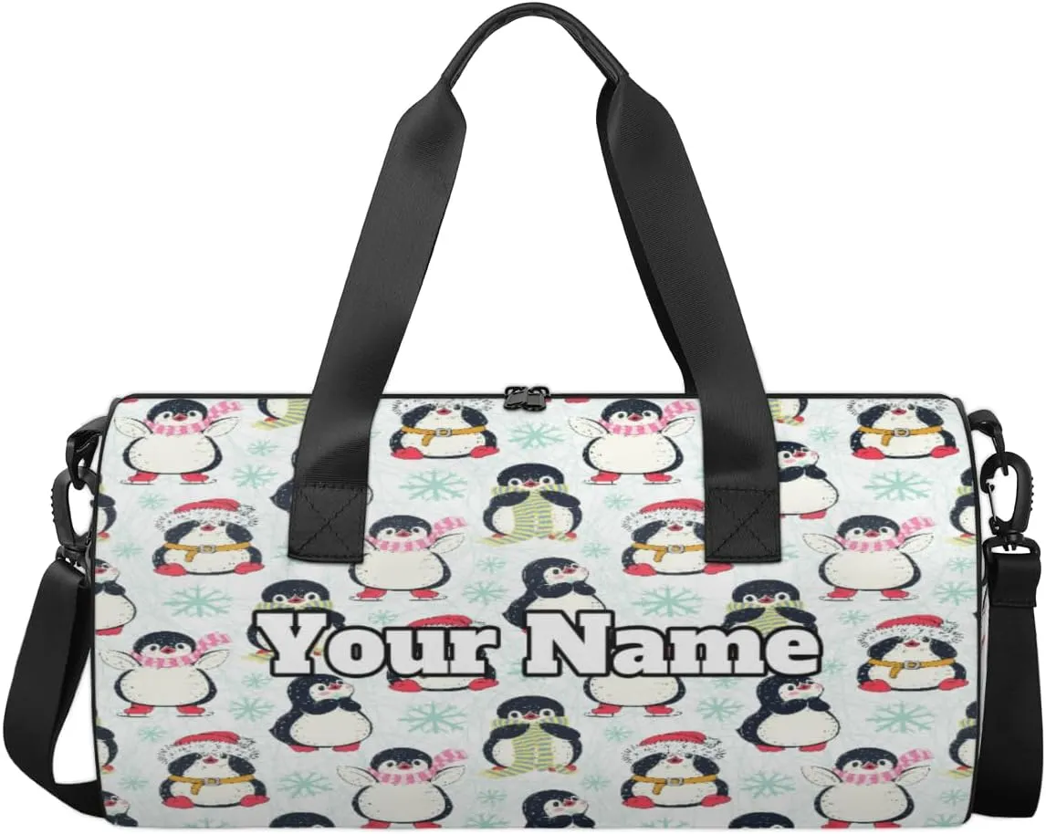 Custom Gym Bag for Women Men with Name, Personalized Cute Penguins Duffel Bag for Sports, Waterproof Dance Bag, Lightweight Carryon Gym Bag, Christmas Penguins