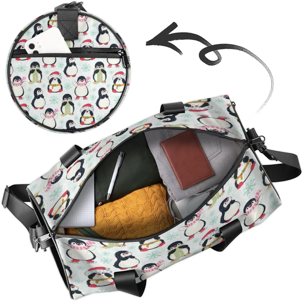 Custom Gym Bag for Women Men with Name, Personalized Cute Penguins Duffel Bag for Sports, Waterproof Dance Bag, Lightweight Carryon Gym Bag, Christmas Penguins