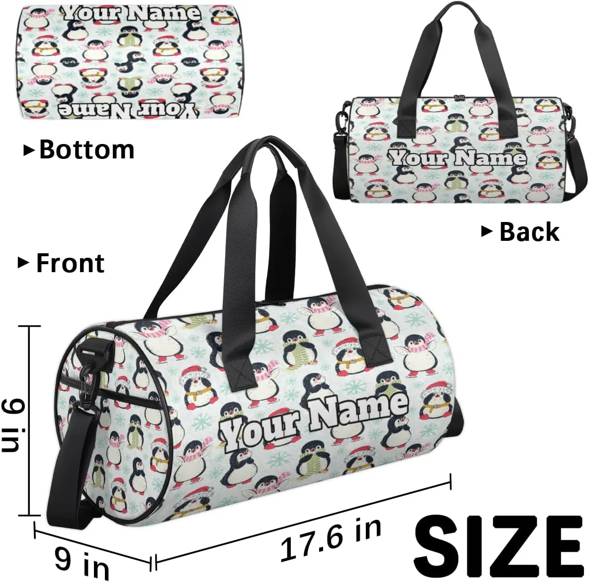 Custom Gym Bag for Women Men with Name, Personalized Cute Penguins Duffel Bag for Sports, Waterproof Dance Bag, Lightweight Carryon Gym Bag, Christmas Penguins