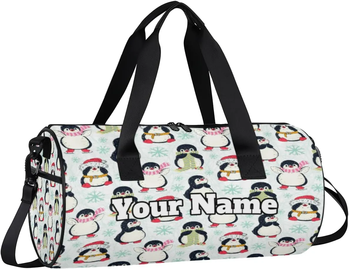 Custom Gym Bag for Women Men with Name, Personalized Cute Penguins Duffel Bag for Sports, Waterproof Dance Bag, Lightweight Carryon Gym Bag, Christmas Penguins