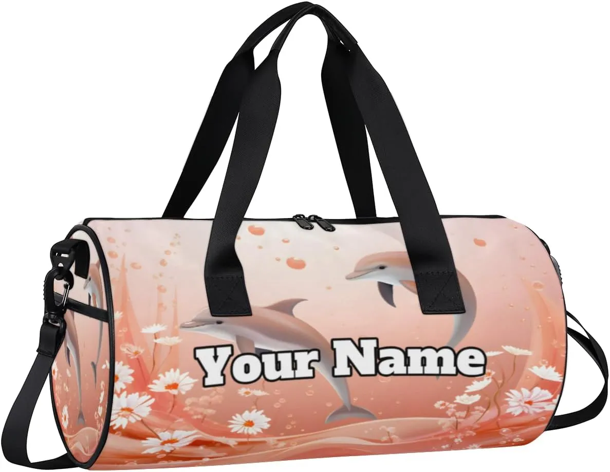 Custom Gym Bag for Women Men with Name, Personalized Dolphin Duffel Bag for Sports, Waterproof Dance Bag, Lightweight Carryon Gym Bag, Flowers
